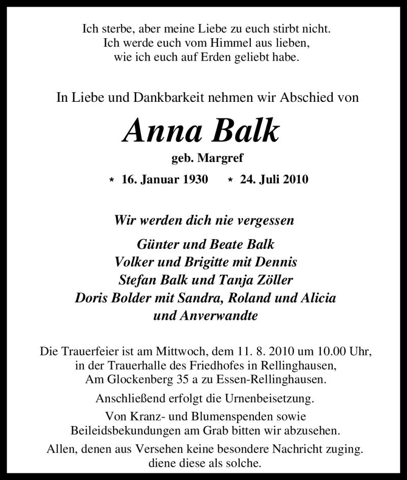 Traueranzeigen Von Anna Balk Trauer In Nrw De