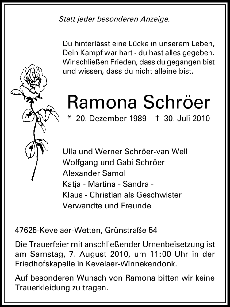 Traueranzeigen von Ramona Schröer Trauer in NRW de