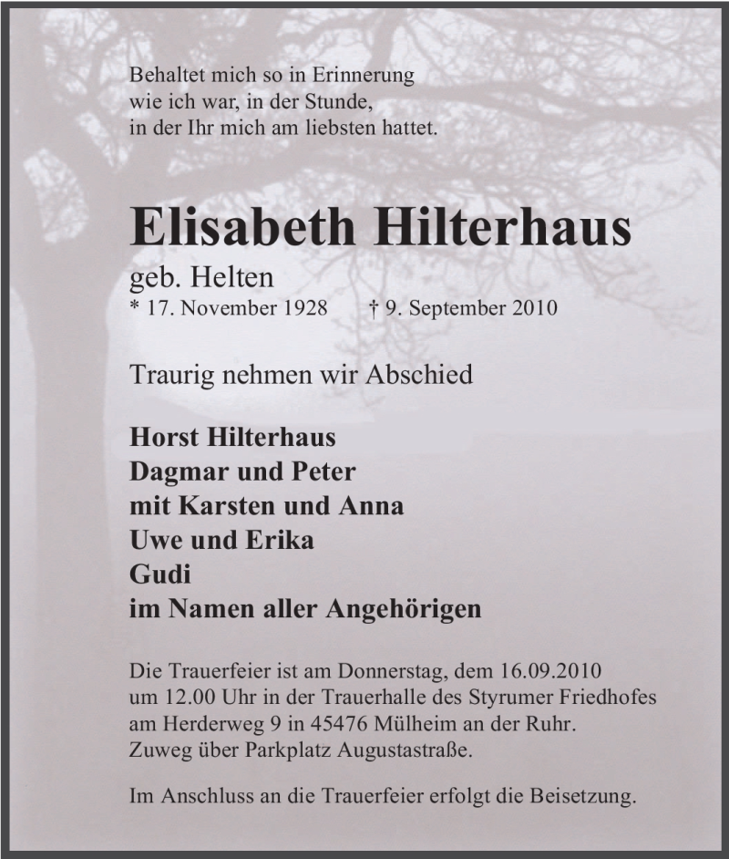 Traueranzeigen Von Elisabeth Hilterhaus Trauer In Nrw De