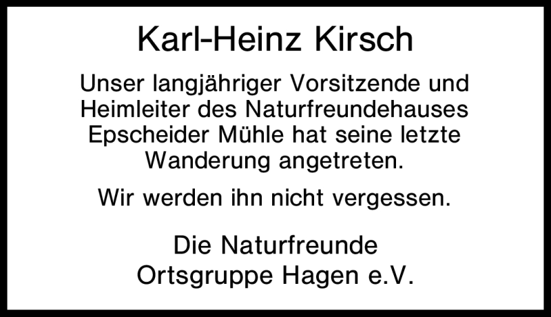 Traueranzeigen Von Karl Heinz Kirsch Trauer In Nrw De