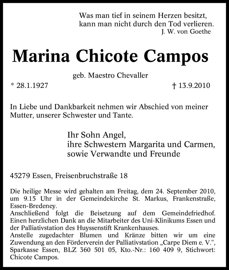 Traueranzeigen Von Marina Chicote Campos Trauer In NRW De