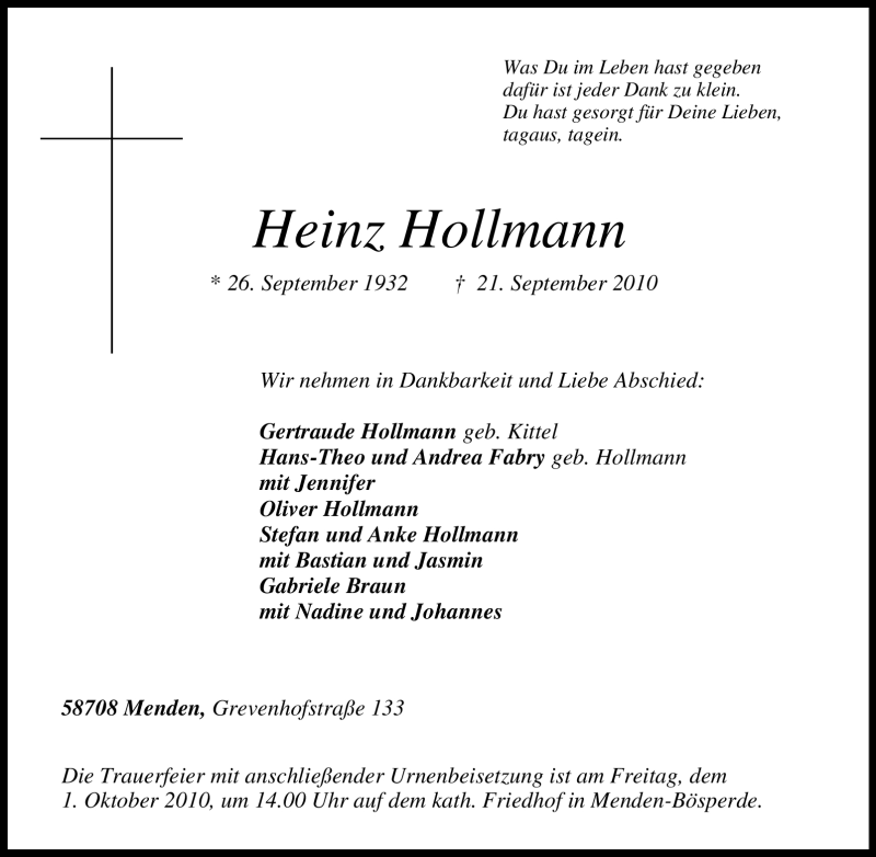 Traueranzeigen Von Heinz Hollmann Trauer In Nrw De