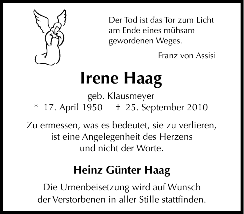 Traueranzeigen Von Irene Haag Trauer In NRW De