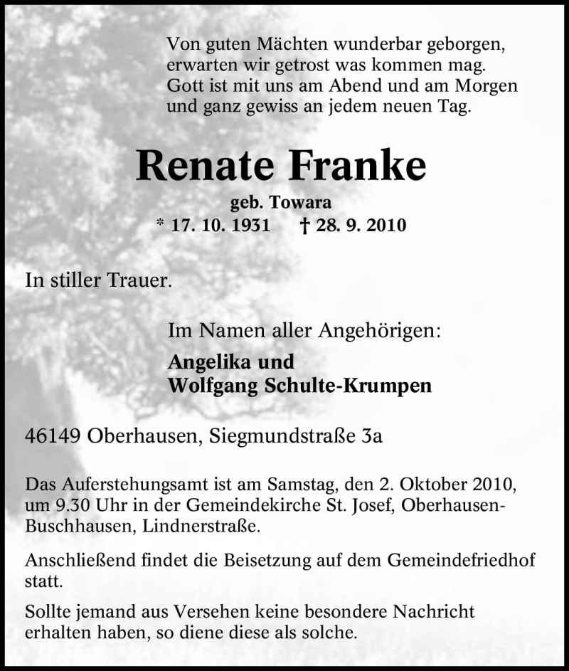 Traueranzeigen Von Renate Franke Trauer In Nrw De