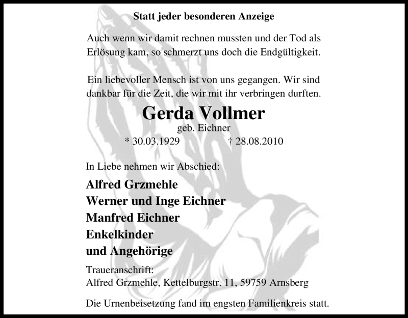 Traueranzeigen Von Gerda Vollmer Trauer In NRW De