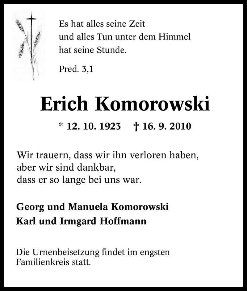 Traueranzeigen Von Erich Komorowski Trauer In Nrw De