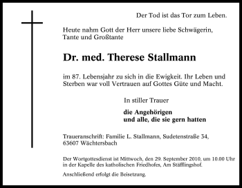 Traueranzeigen Von Therese Stallmann Trauer In Nrw De