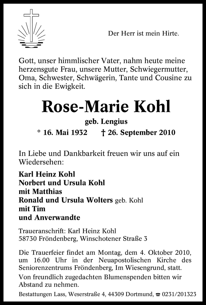 Traueranzeigen Von Rose Marie Kohl Trauer In NRW De