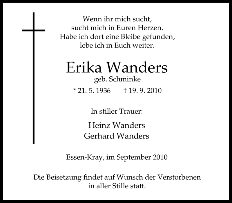 Traueranzeigen Von Erika Wanders Trauer In NRW De