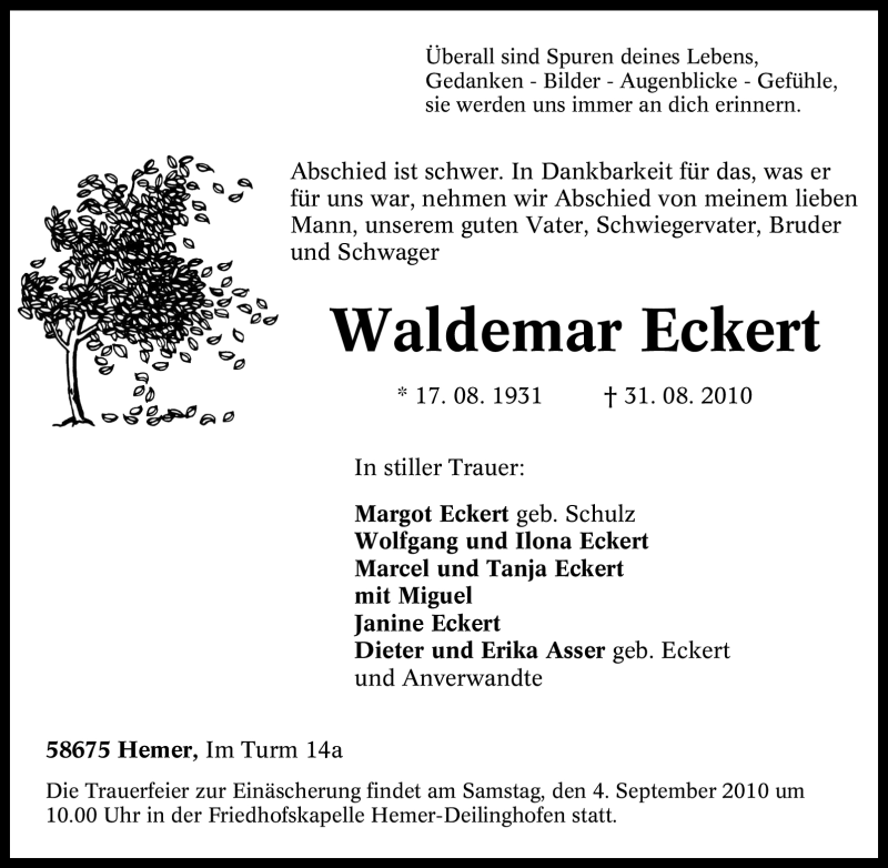 Traueranzeigen Von Waldemar Eckert Trauer In NRW De