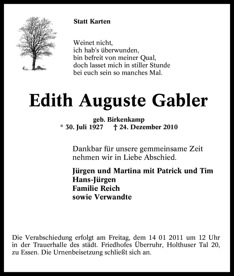 Traueranzeigen Von Edith Auguste Gabler Trauer In NRW De