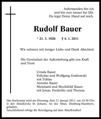 Traueranzeigen Von Rudolf Bauer Trauer In Nrw De