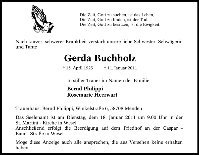 Traueranzeigen Von Gerda Buchholz Trauer In Nrw De