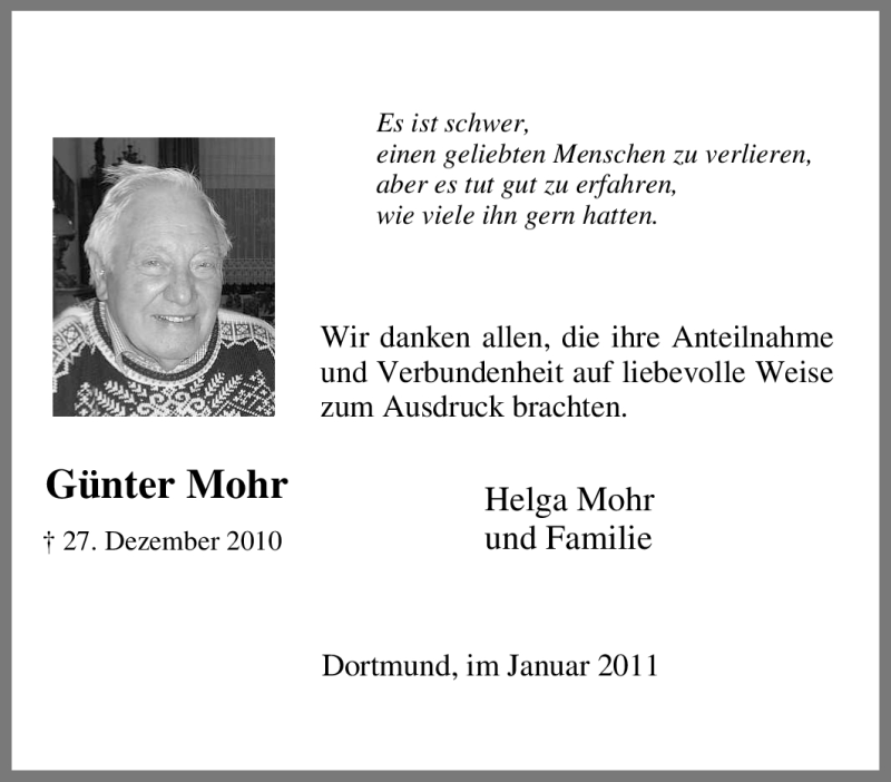 Traueranzeigen Von G Nter Mohr Trauer In Nrw De