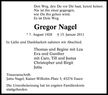 Traueranzeigen Von Gregor Nagel Trauer In Nrw De