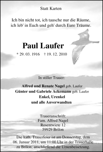 Traueranzeigen Von Paul Laufer Trauer In NRW De