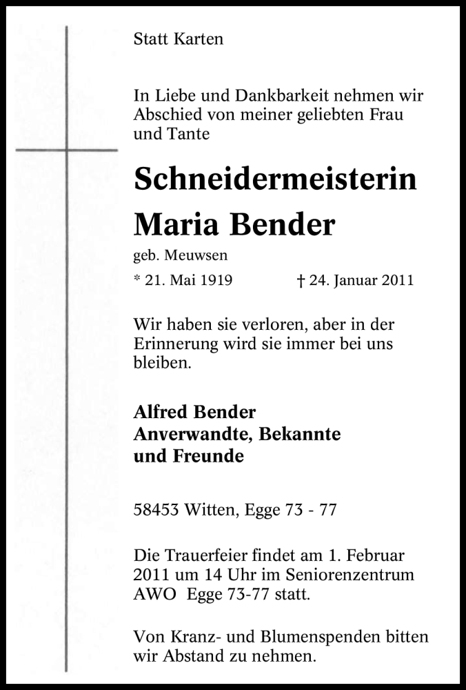 Traueranzeigen Von Maria Bender Trauer In NRW De