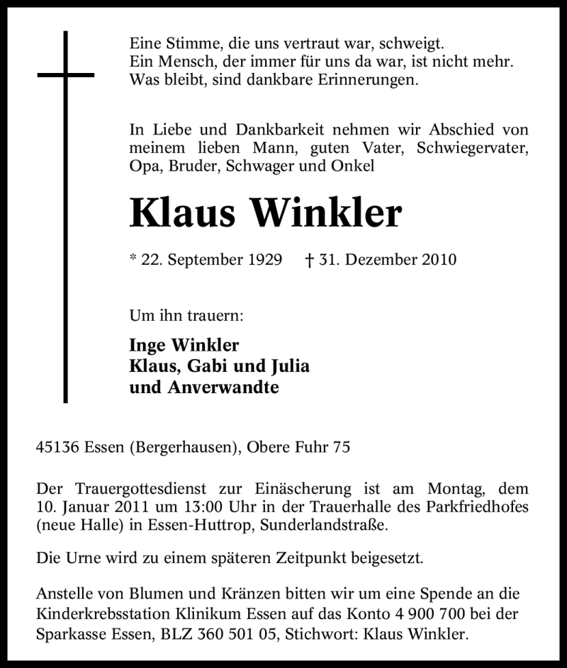 Traueranzeigen Von Klaus Winkler Trauer In Nrw De