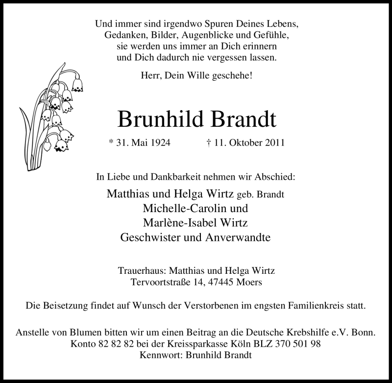 Traueranzeigen Von Brunhild Brandt Trauer In Nrw De