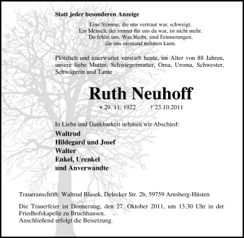 Traueranzeigen Von Ruth Neuhoff Trauer In Nrw De