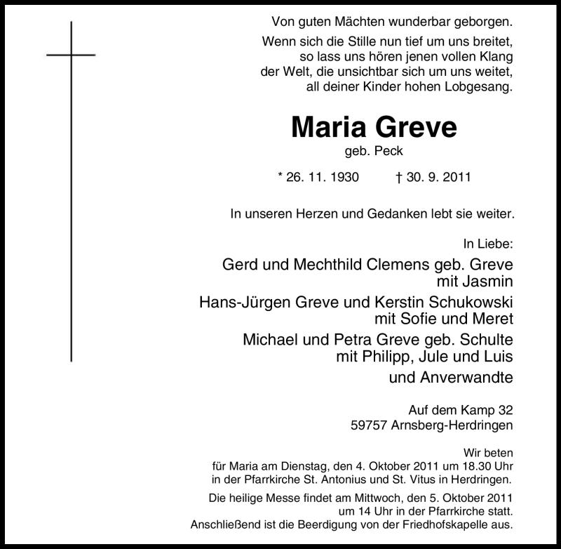 Traueranzeigen Von Maria Greve Trauer In NRW De