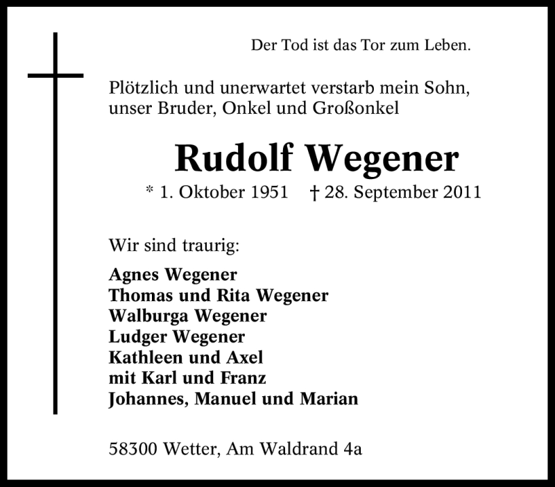 Traueranzeigen Von Rudolf Wegener Trauer In NRW De