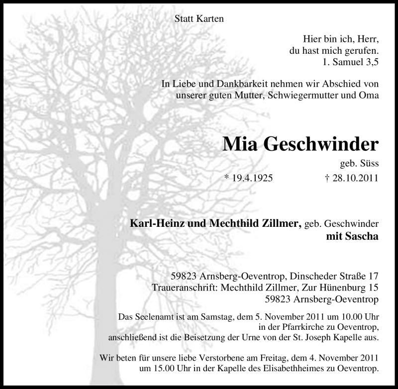 Traueranzeigen Von Mia Geschwinder Trauer In NRW De