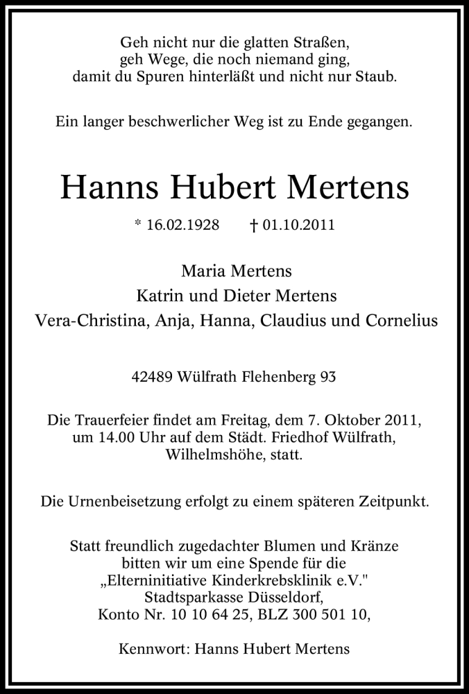 Traueranzeigen Von Hanns Hubert Mertens Trauer In NRW De