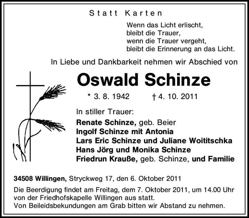 Traueranzeigen Von Oswald Schinze Trauer In Nrw De