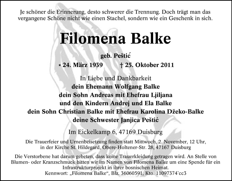 Traueranzeigen Von Filomena Balke Trauer In Nrw De