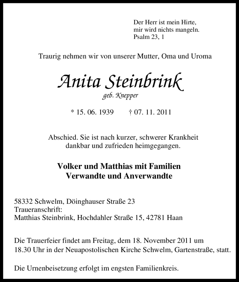 Traueranzeigen Von Anita Steinbrink Trauer In Nrw De