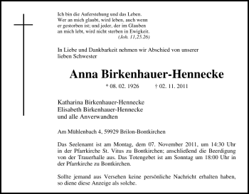 Traueranzeigen Von Anna Birkenhauer Hennecke Trauer In NRW De