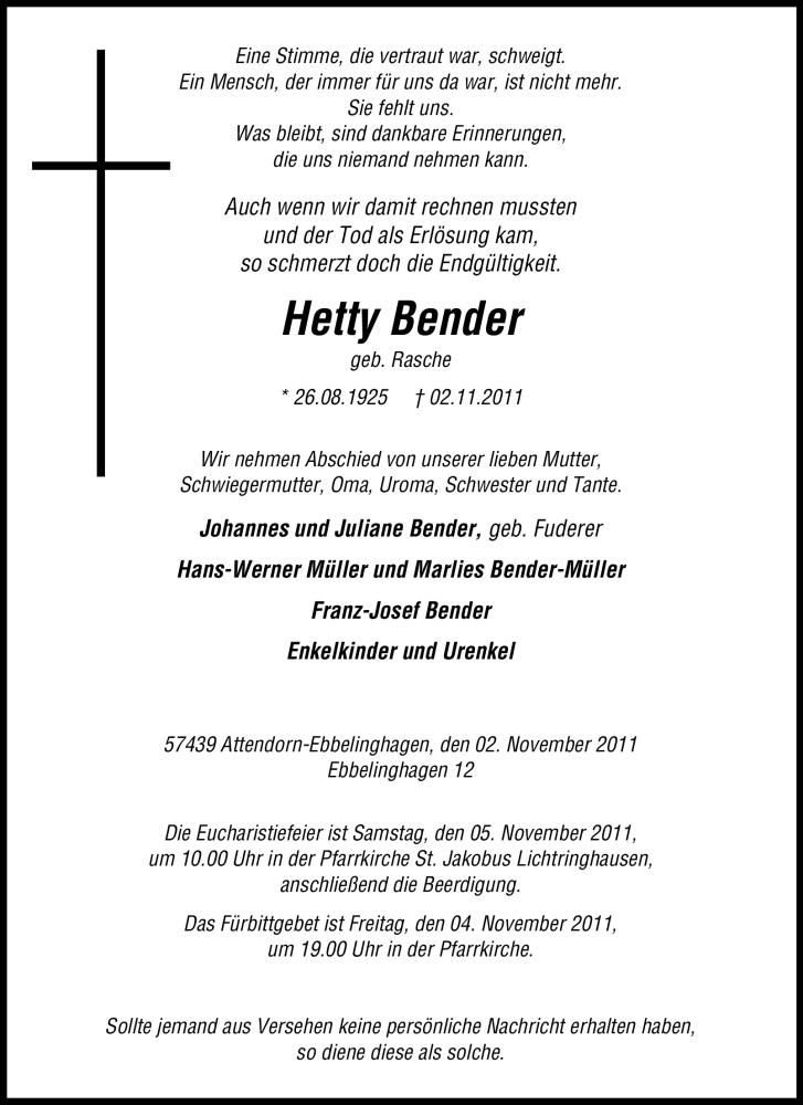 Traueranzeigen Von Hetty Bender Trauer In Nrw De