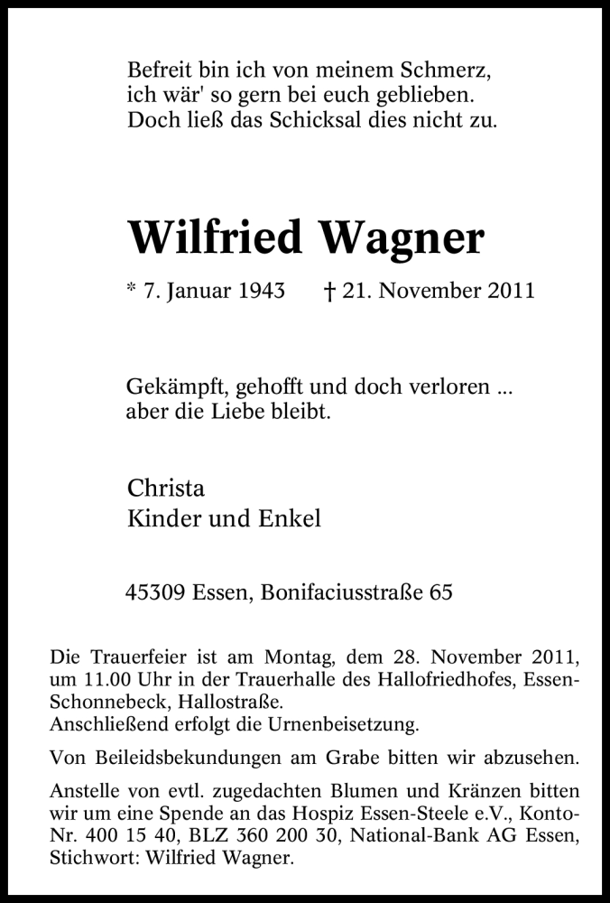 Traueranzeigen Von Wilfried Wagner Trauer In Nrw De