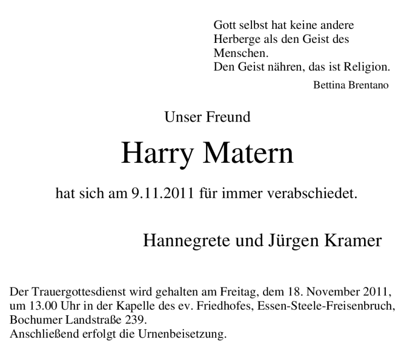 Traueranzeigen Von Harry Matern Trauer In Nrw De