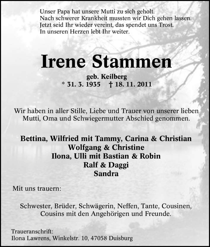 Traueranzeigen Von Irene Stammen Trauer In Nrw De