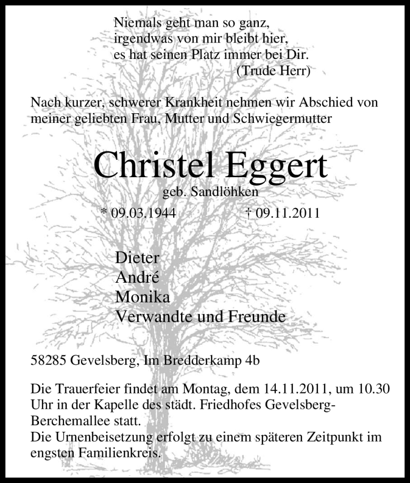 Traueranzeigen Von Christel Eggert Trauer In NRW De