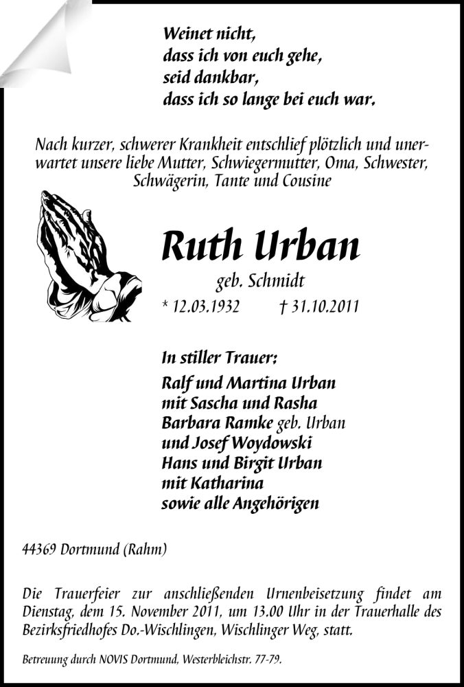 Traueranzeigen Von Ruth Urban Trauer In NRW De