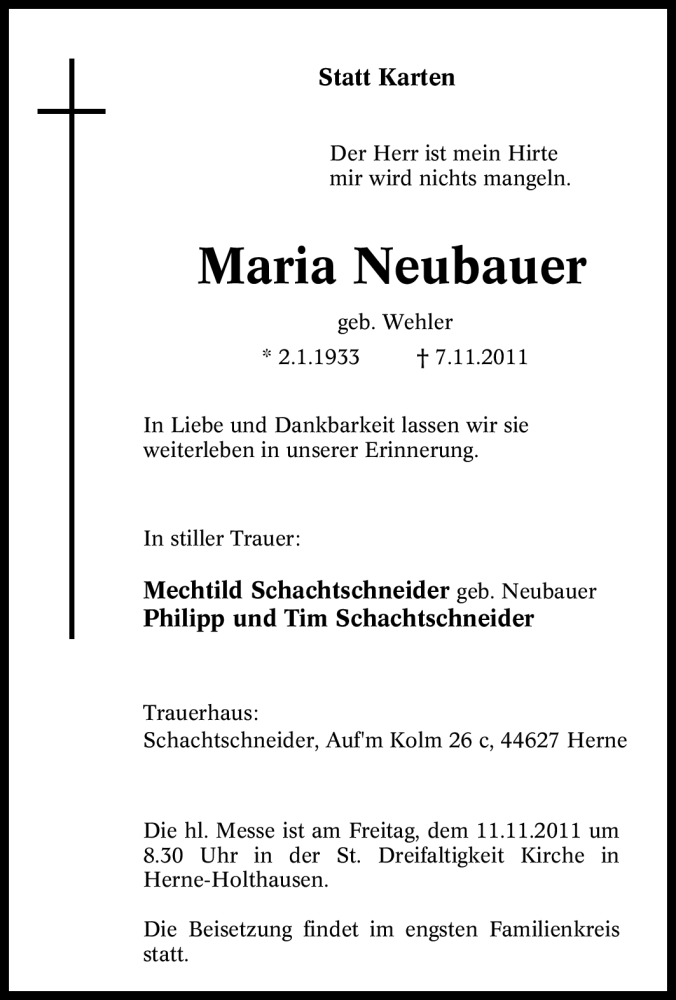 Traueranzeigen Von Maria Neubauer Trauer In Nrw De