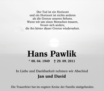 Traueranzeigen Von Hans Pawlik Trauer In NRW De