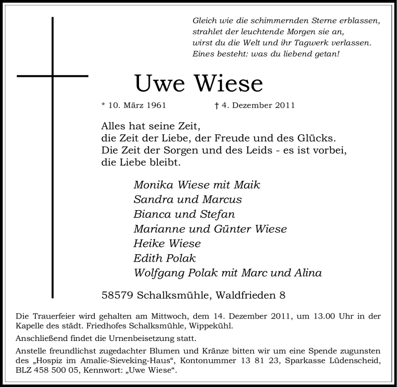 Traueranzeigen Von Uwe Wiese Trauer In Nrw De