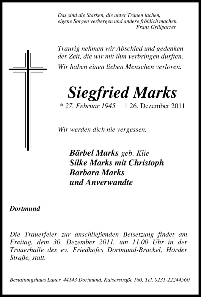 Traueranzeigen Von Siegfried Marks Trauer In Nrw De