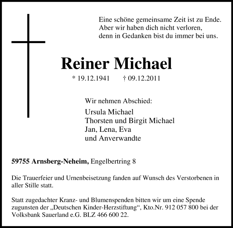 Traueranzeigen Von Reiner Michael Trauer In Nrw De