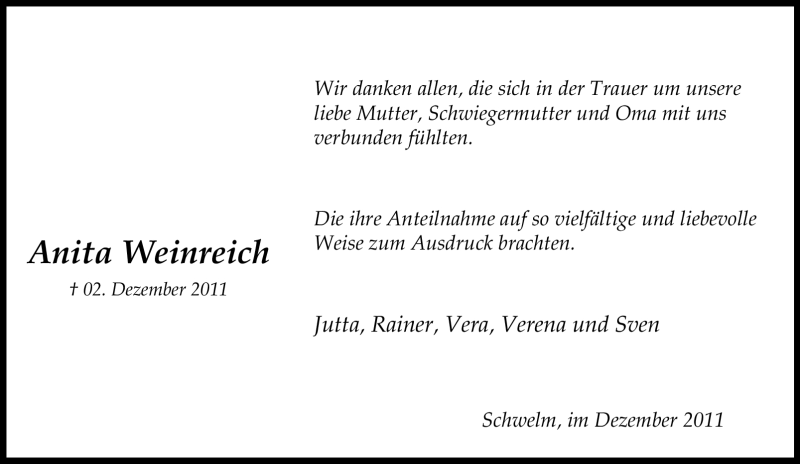 Traueranzeigen Von Anita Weinreich Trauer In NRW De