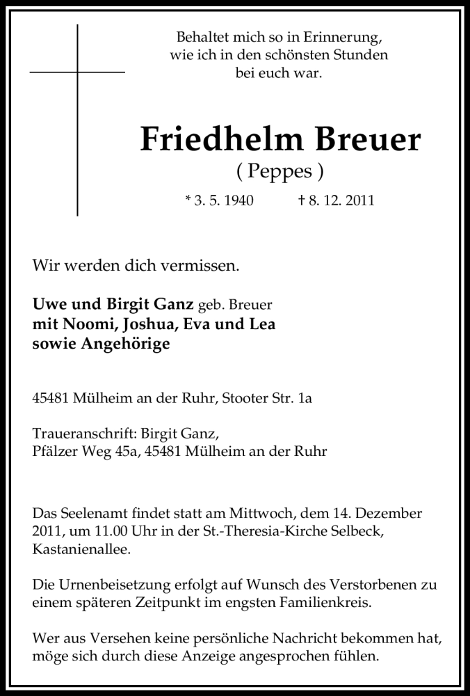 Traueranzeigen Von Friedhelm Breuer Trauer In NRW De