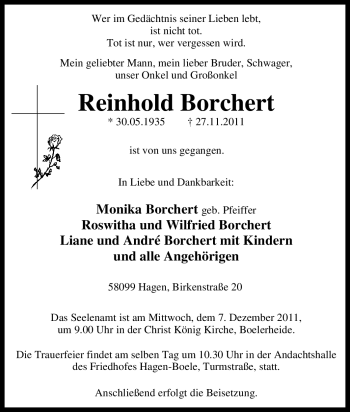 Traueranzeigen Von Reinhold Borchert Trauer In Nrw De