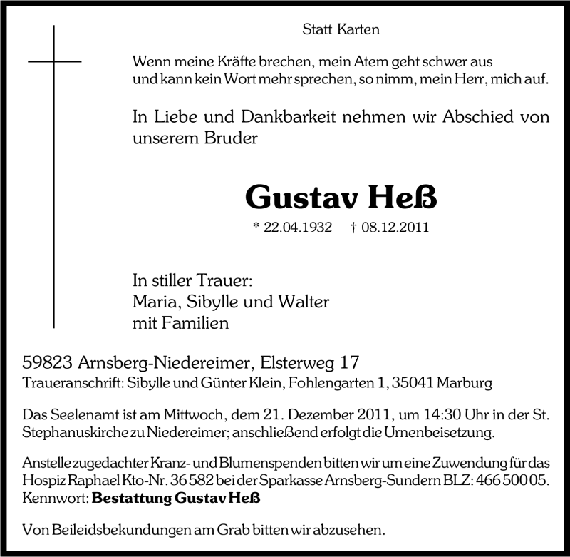 Traueranzeigen Von Gustav He Trauer In Nrw De