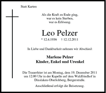 Traueranzeigen Von Leo Pelzer Trauer In Nrw De