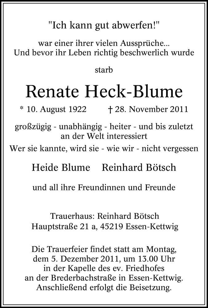 Traueranzeigen Von Renate Heck Blume Trauer In NRW De