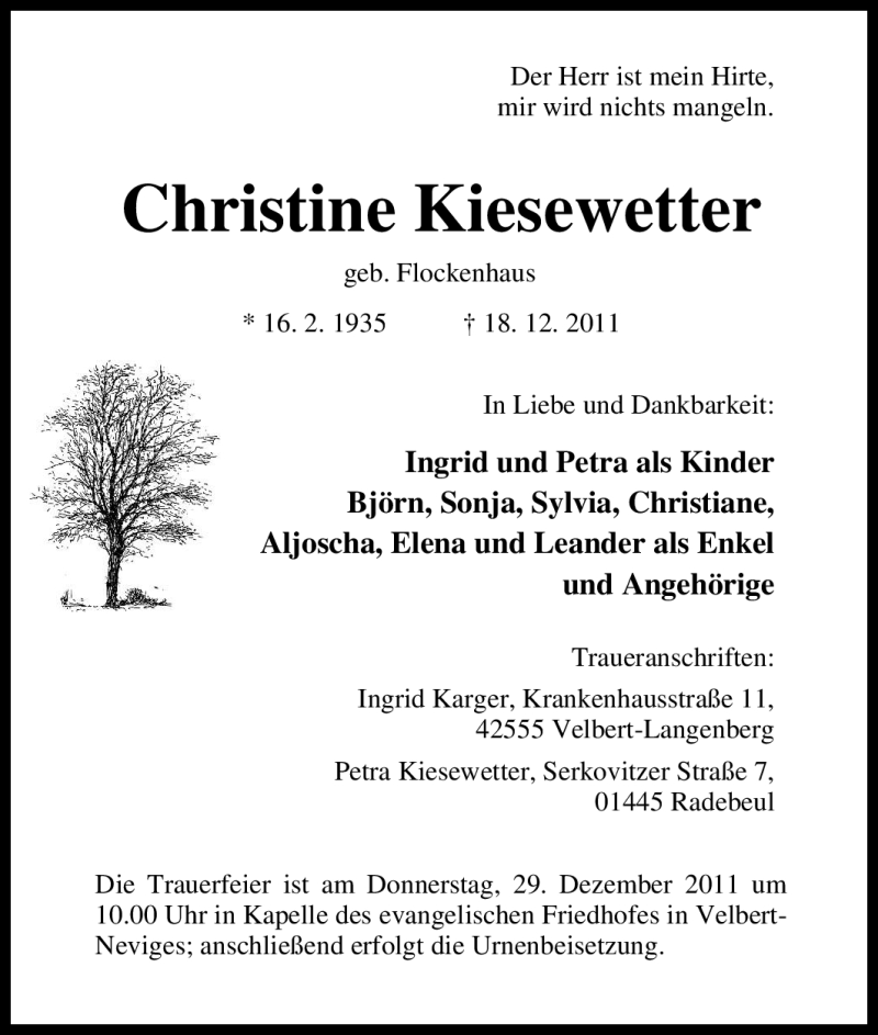 Traueranzeigen Von Christine Kiesewetter Trauer In Nrw De